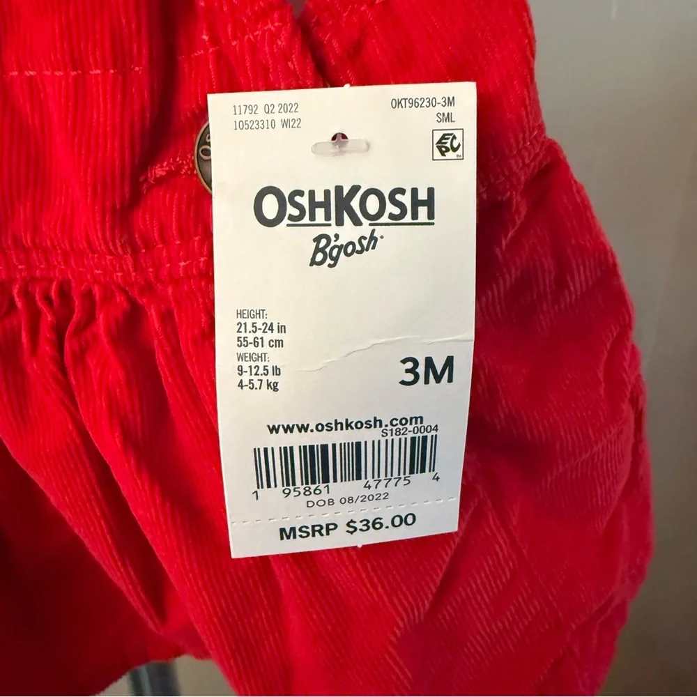 OshKosh Bgosh Red Corduroy Jumper Dress Baby Girls 3M NWT Overall Skirt OKT96230